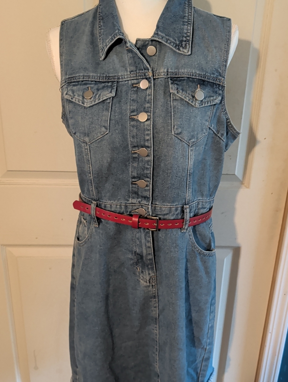 Jolie Sleeveless Denim Midi Dress with Red Belt